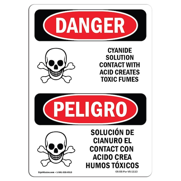 Safety Sign, OSHA Danger, 5" Height, Cyanide Solution Bilingual Spanish, 10PK